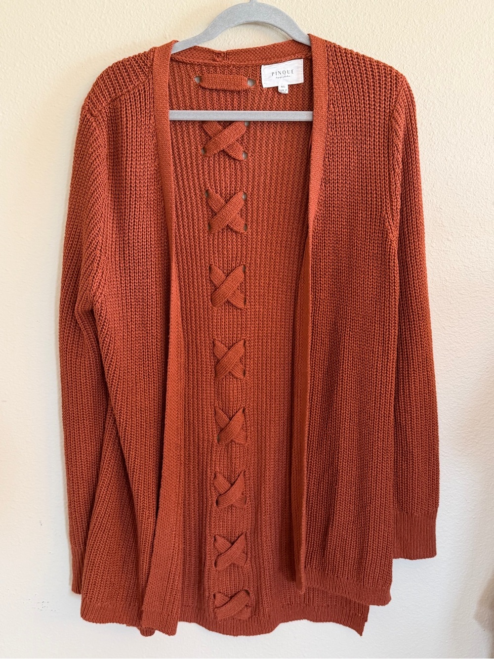 Pinque Rust-Orange Open Front Knit Cardigan with Cross-Tie Detail